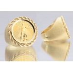 14kt Gold Gents Hand-Made Rope Top Coin Ring with U.S. 1/10 Eagle Gold Coin